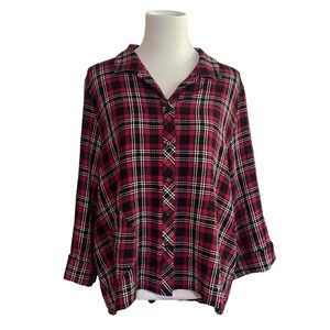 HABITAT Plaid Lagenlook Button Front Top Rayon Blend Magenta/Red & Black Large